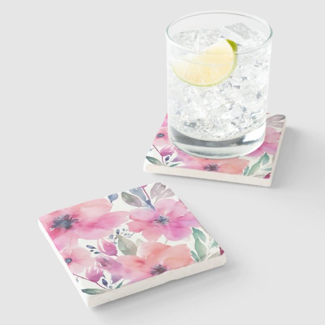 Blommande blommor | Vattenfärg rosa blommor målade Stenunderlägg (Sidan)