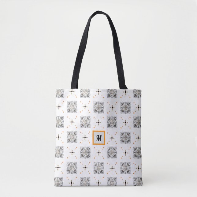 Blommande blomsterhandritad doodle med monogram tygkasse (Framsida)