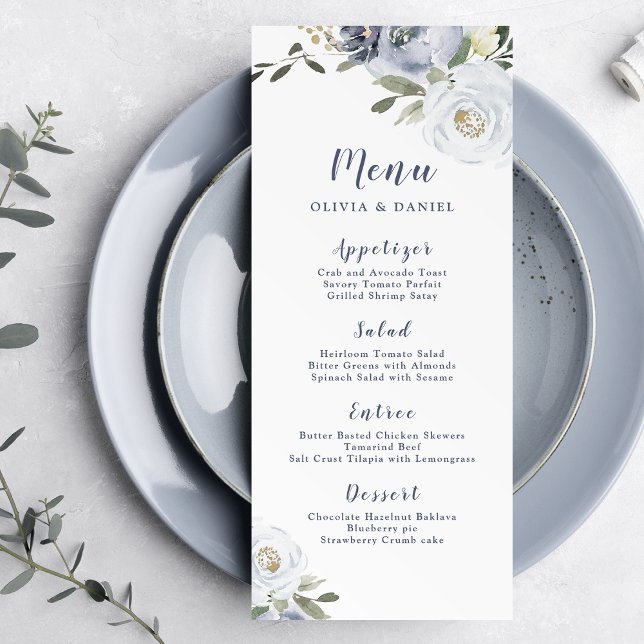 Blommande botanisk dammig blå blommig bröllop meny (Blooming botanical dusty blue floral wedding menu)