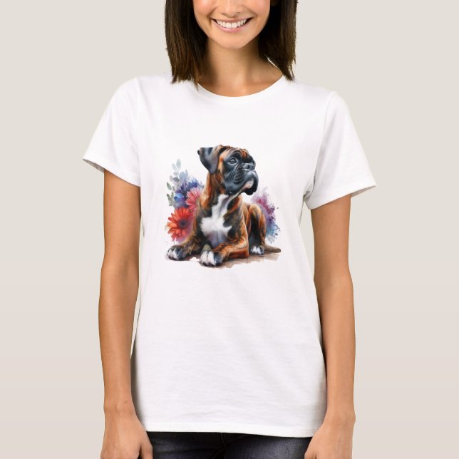 Blommande Boxer Hund Konst – Blommig Husdjursälska T Shirt (Framsida)