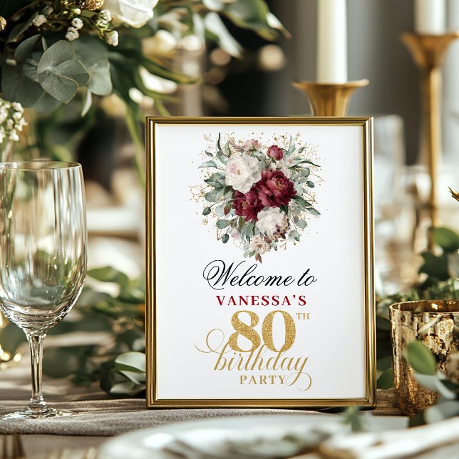 Blommande Burgunderrosa 80-årsdag på bordet Poster (Floral Burgundy Blush 80th Birthday Tabletop)