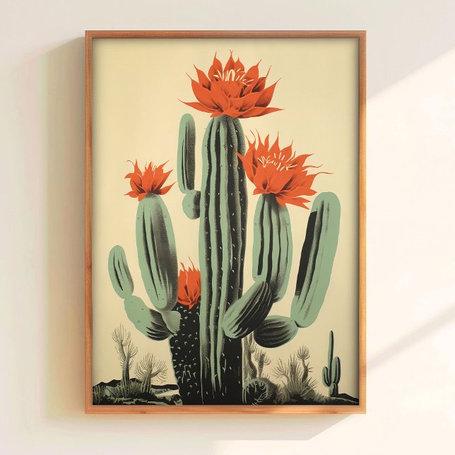 Blommande Cactus Tryck Retro Väggkonst Röd Blomma  (Skapare uppladdad)