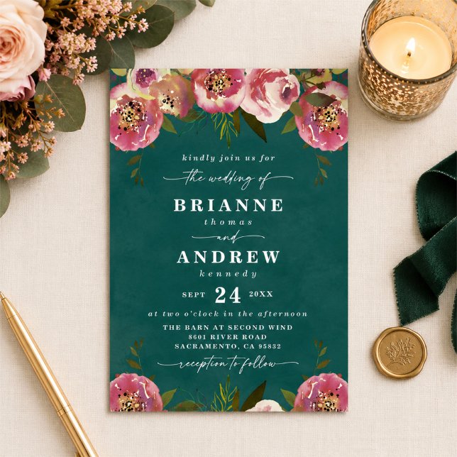 Blommande Chic Djup Tealgrön Blommig Bröllop Inbjudningar (Moody teal and blush pink floral wedding invitations)