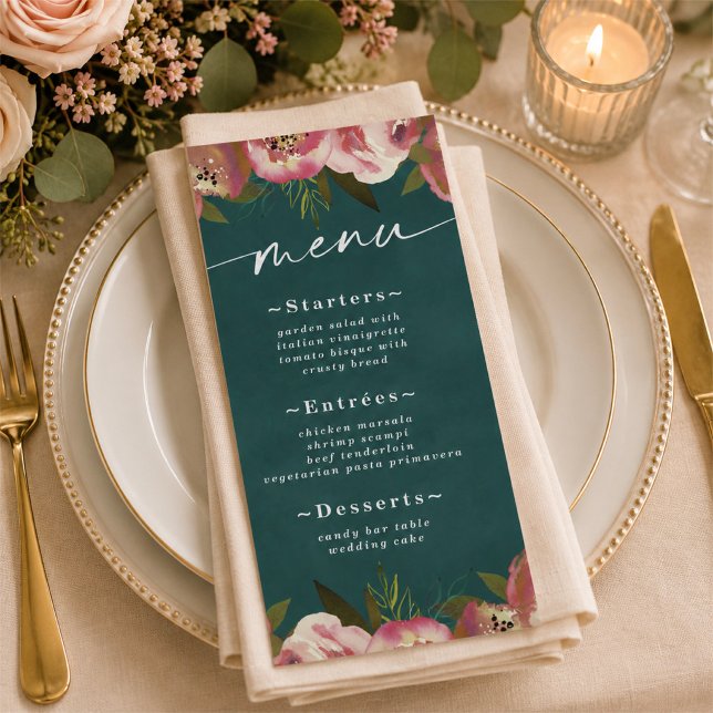 Blommande Chic Djup Tealgrön Blommig Bröllop Meny (Elegant dark teal and floral reception menus)