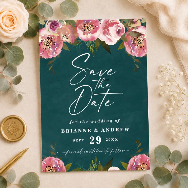 Blommande Chic Djup Tealgrön Bröllopsfoto Spara Datumet (Dark teal and pink floral photo save the dates)