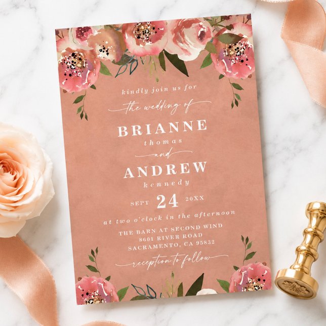 Blommande Chic Rustik Persika Blommig Bröllop Inbjudningar (Rustic peach and rose floral wedding invites)
