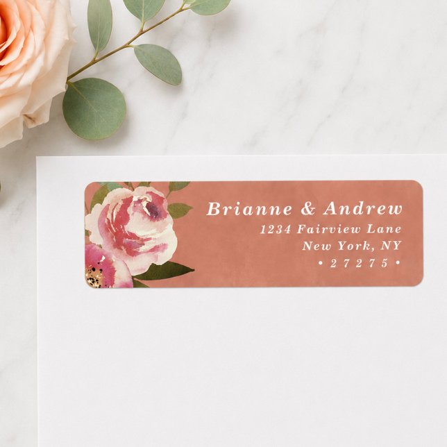 Blommande Chic Rustik Persika Bröllopsreturadress Returadress Etikett (Rustic peach and pink floral return address labels)