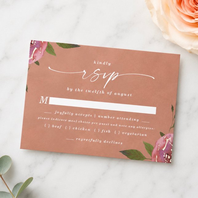 Blommande Chic Rustik Persika Måltidsval RSVP-kort OSA Kort (Elegant dusty peach floral meal choice rsvp cards)