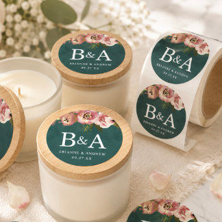 Blommande Chic Tealgröna Monogram Bröllollsetikett Runt Klistermärke