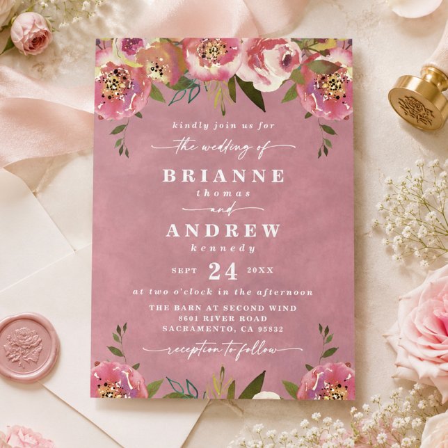 Blommande Chic Vildros Rosa Blommig Bröllop Inbjudningar (Wild rose pink watercolor and floral wedding invites)