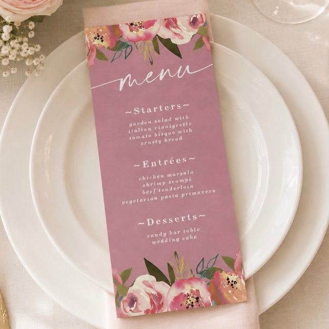 Blommande Chic Vildros Rosa Bröllop Meny (Elegant wild rose pink floral reception or event dinner menus)