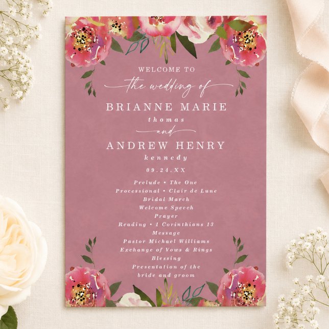 Blommande Chic Vildros Rosa Bröllopsceremoni Program (Elegant wild rose pink wedding programs)