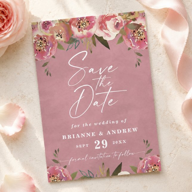 Blommande Chic Vildros Rosa Foto Bröllop Spara Datumet (Wild rose pink floral save the date cards)