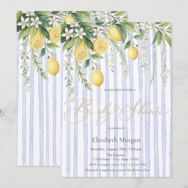 Blommande citroner Blårandiga baby shower Inbjudningar (Fram/baksida)