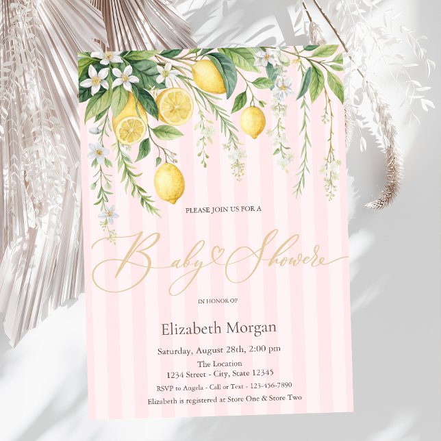 Blommande citroner rosa randig baby shower inbjudningar (Skapare uppladdad)