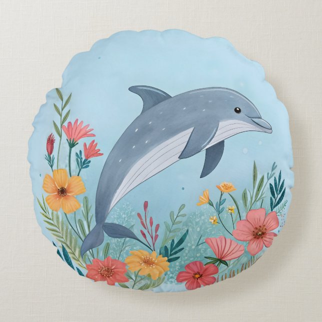 Blommande delfin rund kudde (Framsidan)