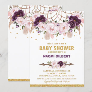Blommande Drömfångare Baby Shower Flicka Lila Rodn Inbjudningar