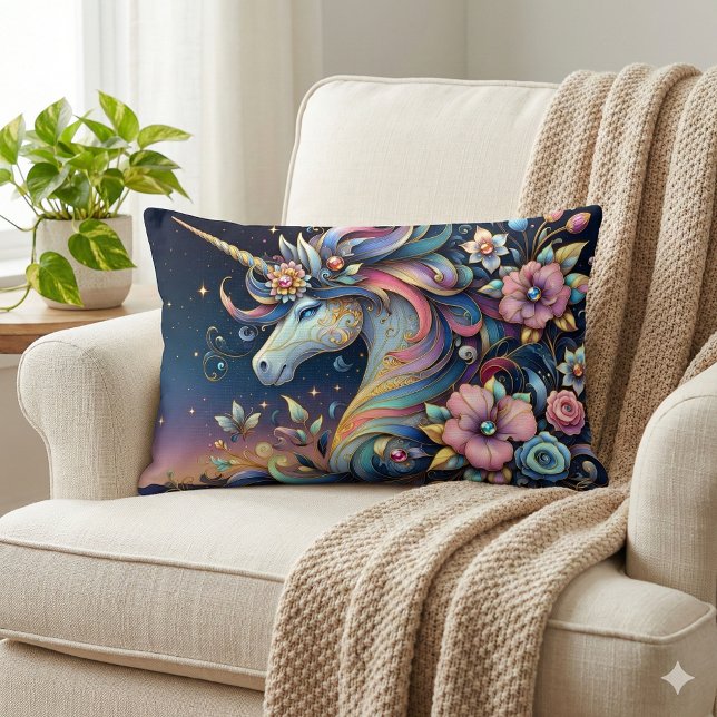 Blommande Enhörning Natt Fantasi Lumbarkudde (Floral Unicorn Night Fantasy Lumbar Pillow Mockup A)