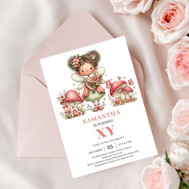 Blommande Fe 3-års Födelsedags Pastell Rosa Inbjud Inbjudningar (Floral Fairy 3rd Birthday Pastel Pink Invite Card)