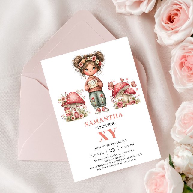 Blommande Fe 3-års Födelsedags Rosé Rosa Inbjudnin Inbjudningar (Floral Fairy 3rd Birthday Blush Pink Invite Card)