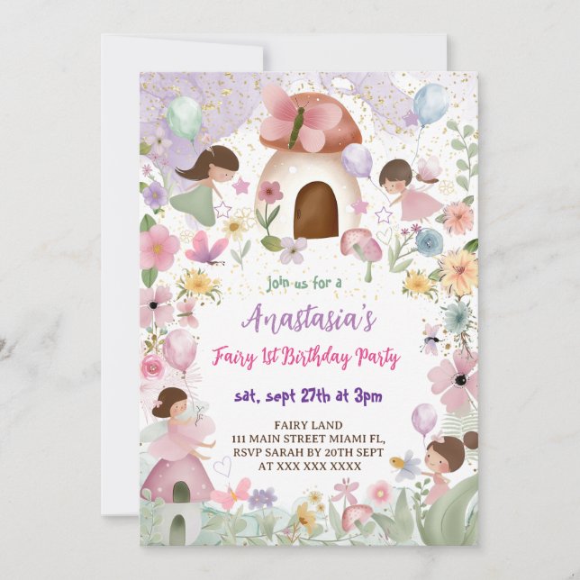 Blommande fe-girl 1-årsdag inbjudningar (Framsida)