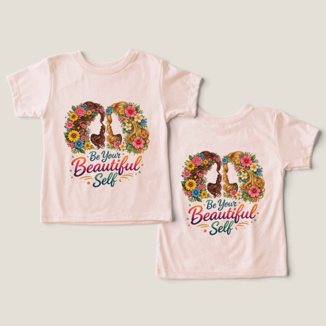 Blommande flicka ”Var din vackra själv” T-shirt fö (Design fram och bak)