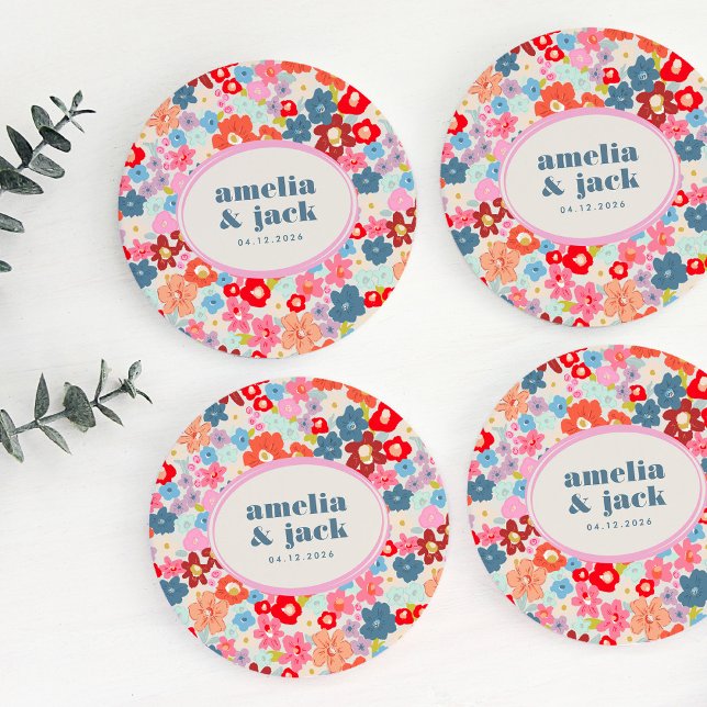 Blommande Glädje Ljus Blommig Maximalistisk Bröllo Underlägg Papper Rund (Blooming Joy Bright Floral Maximalist Wedding Round Paper Coaster)