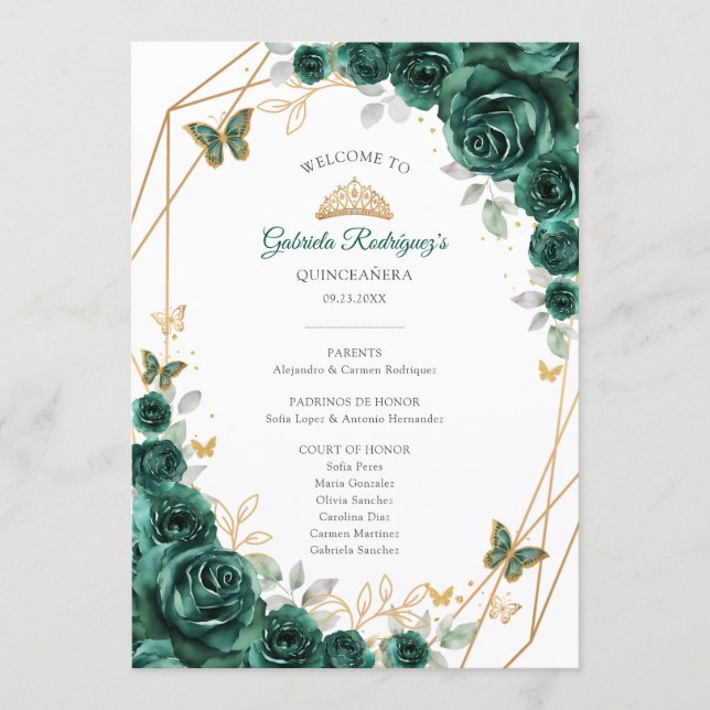 Blommande Grön Guld Quinceanera Händelseförlopp Program (Framsida)