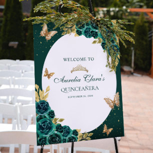 Blommande grön guld tiara fjäril Quinceañera Poster