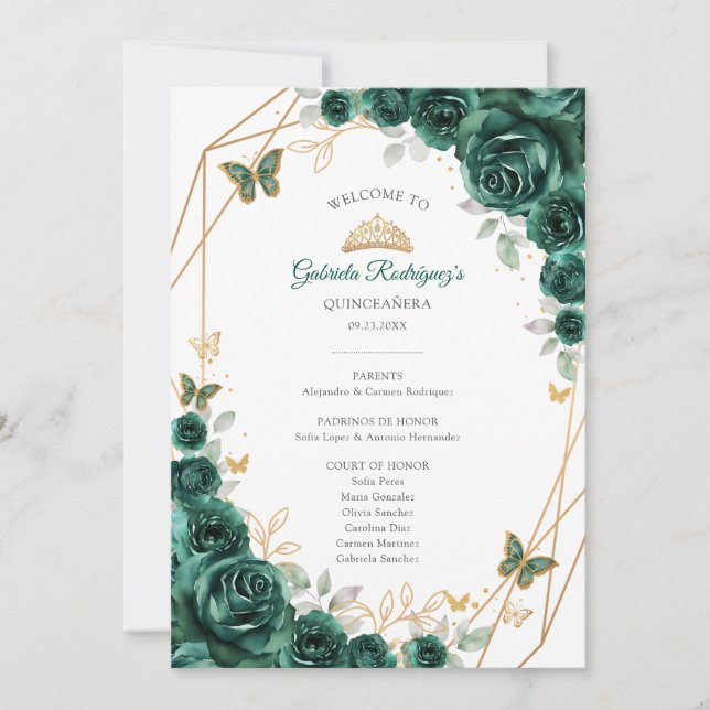 Blommande Grön Quinceanera Program för Evenemangso (Framsida)