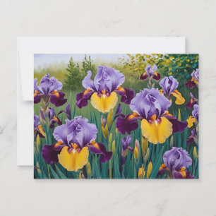 Blommande gula lila irisblommor vykort