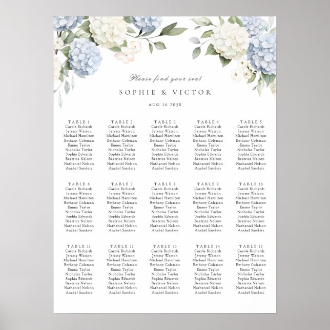 Blommande Hydrangea 15 Bord Bröllops Sittplan Poster (Framsidan)