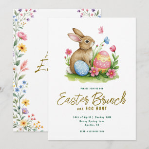 Blommande kanin och ägg akvarell påskbrunch inbjudningar