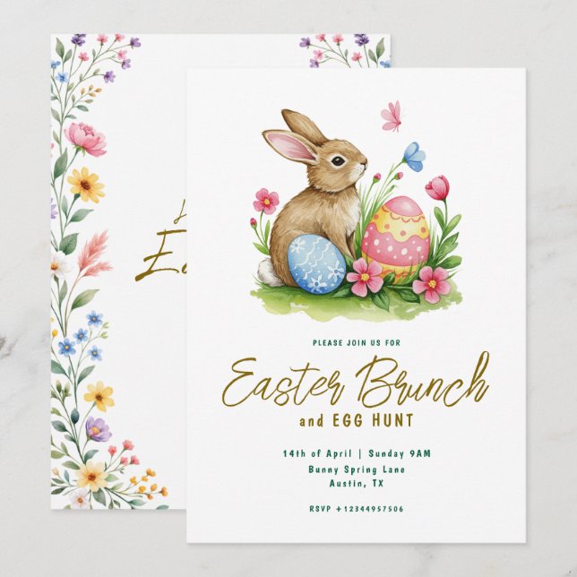 Blommande kanin och ägg akvarell påskbrunch  inbjudningar (Fram/baksida)