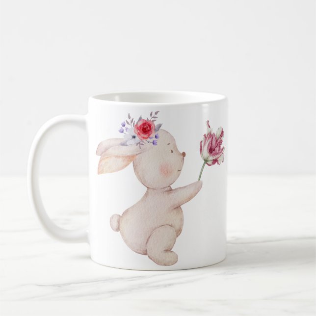 Blommande kaninlycka - Söt kanin och blommig mugg (Vänster)