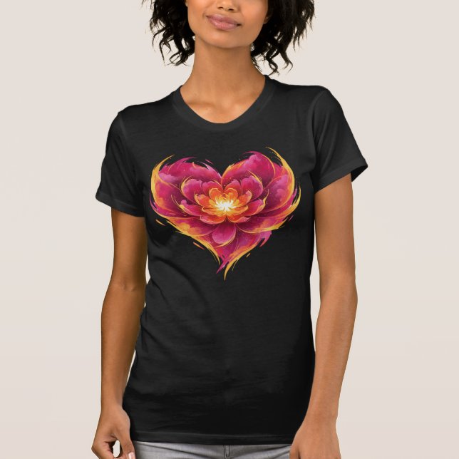 Blommande kärlekens flammande hjärta t shirt (Framsida)