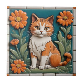 Blommande katter - Ginger Cat & Orange Flowers Gar Kakelplatta