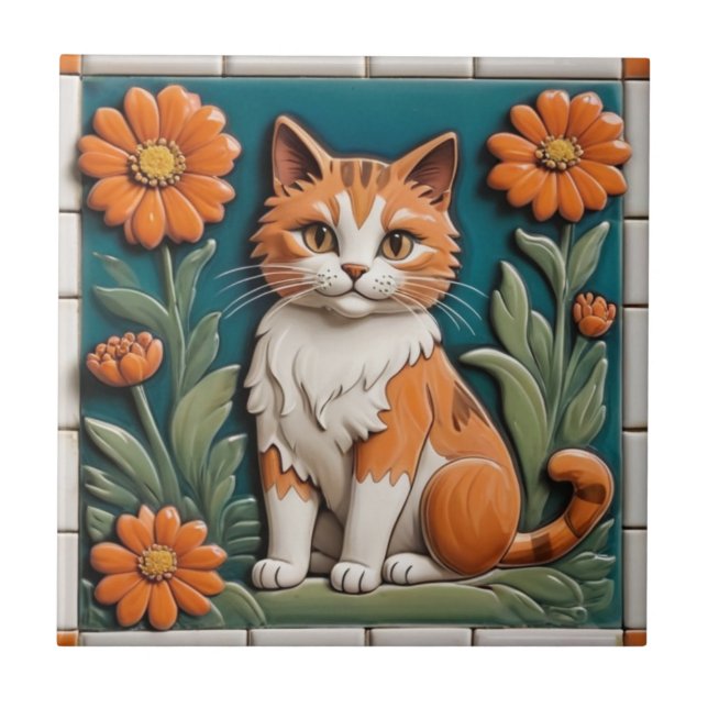 Blommande katter - Ginger Cat & Orange Flowers Gar Kakelplatta (Framsidan)