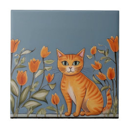 Blommande katter - Ginger Cat & Orange Flowers Tec Kakelplatta