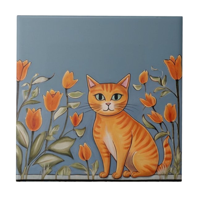 Blommande katter - Ginger Cat & Orange Flowers Tec Kakelplatta (Framsidan)