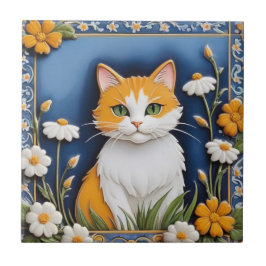 Blommande katter - Orange Ginger Cat Vit Orange Bl Kakelplatta