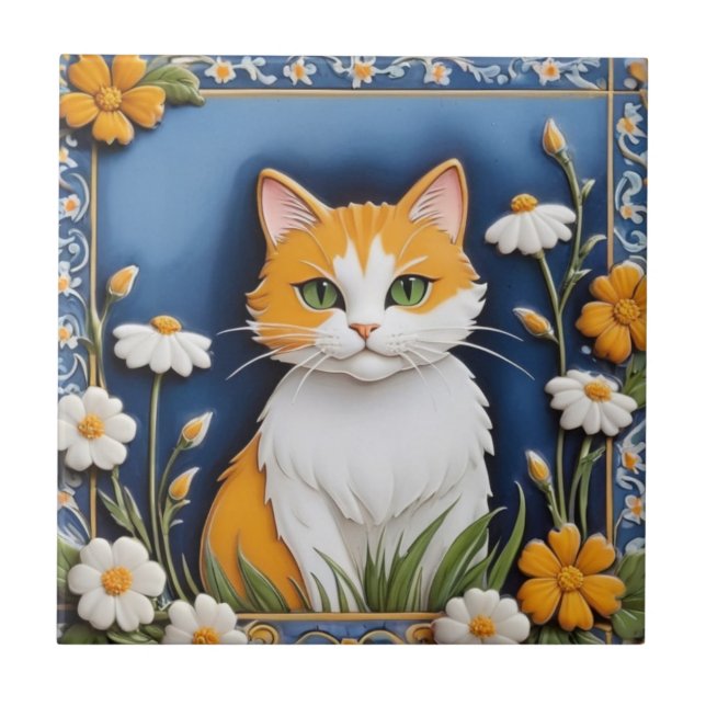 Blommande katter - Orange Ginger Cat Vit Orange Bl Kakelplatta (Framsidan)