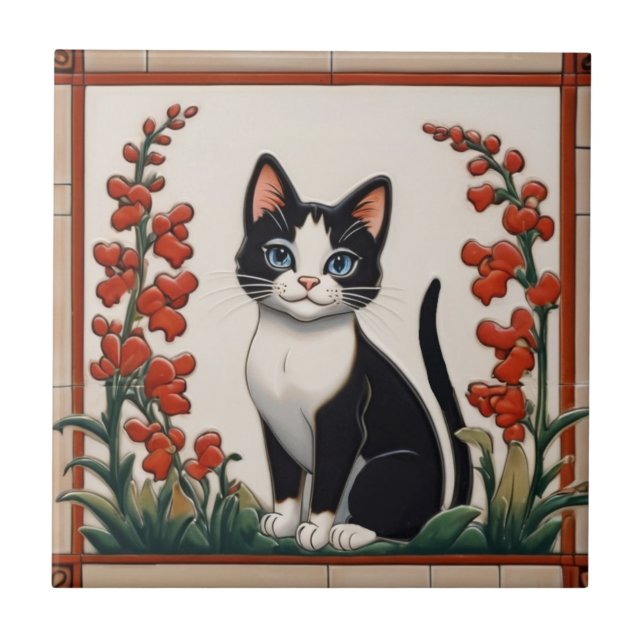 Blommande katter - svart & vit katt röd blomstertr kakelplatta (Framsidan)