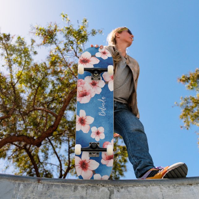 Blommande körsbärsblommonogram Blå Rosa Girlly Mini Skateboard Bräda 18,5 Cm (Utomhus 1)