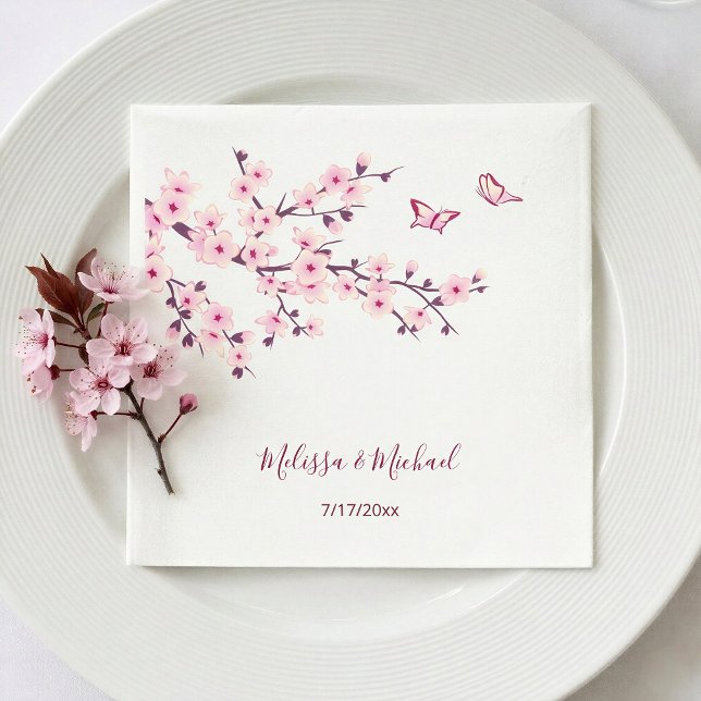Blommande Körsbärsblommor Era Namn Bröllop Pappersservett (Skapare uppladdad)