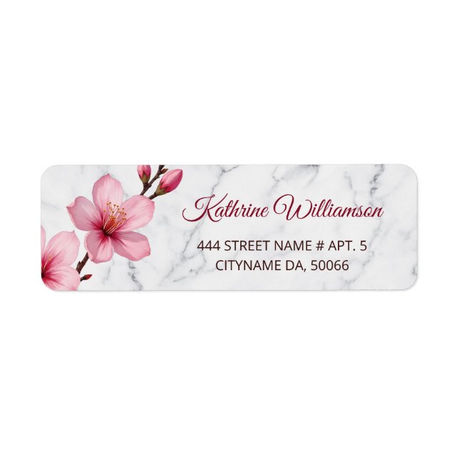 Blommande körsbärsblommor Ljusgrå marmor Returadress Etikett (Framsidan)