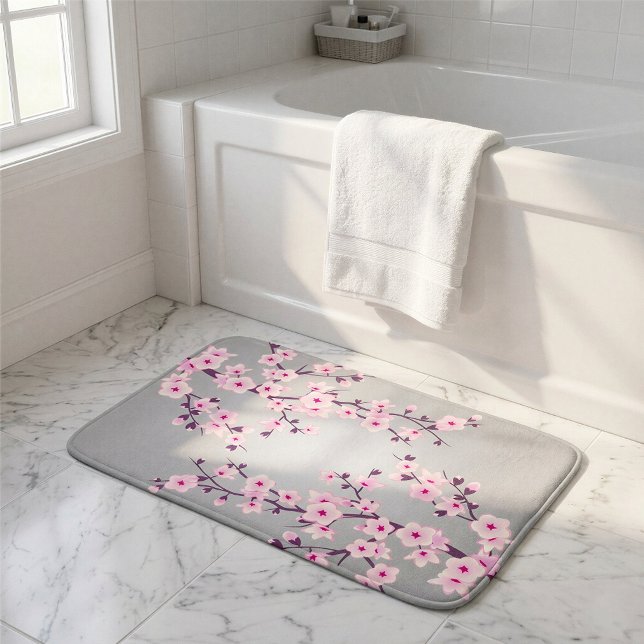 Blommande körsbärsblommor Rosa Grå Badrumsmatta (Skapare uppladdad)