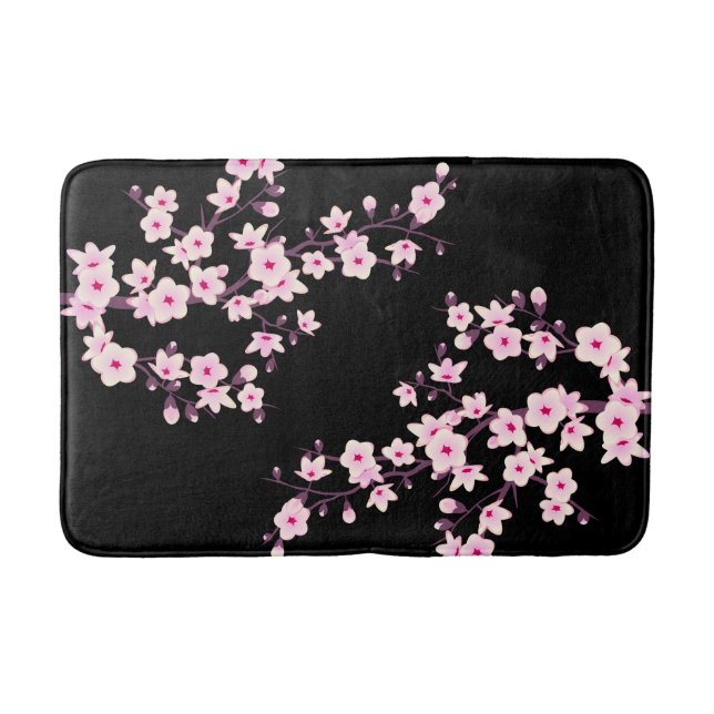Blommande körsbärsblommor ROSA Svart Badrumsmatta (Framsidan)