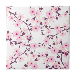 Blommande körsbärsblommor rosa vita kakelplatta
