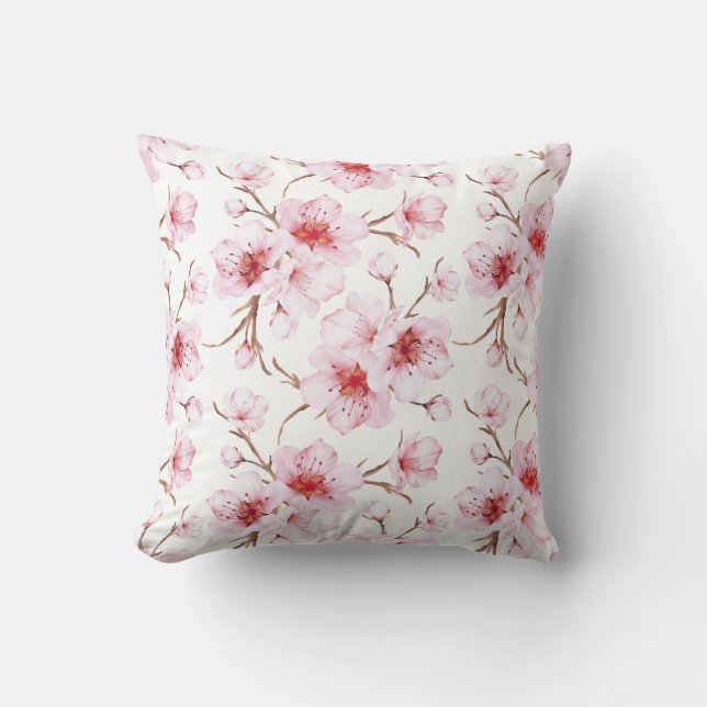 Blommande körsbärsblommor Rosa Vitt Kudde (Framsida)